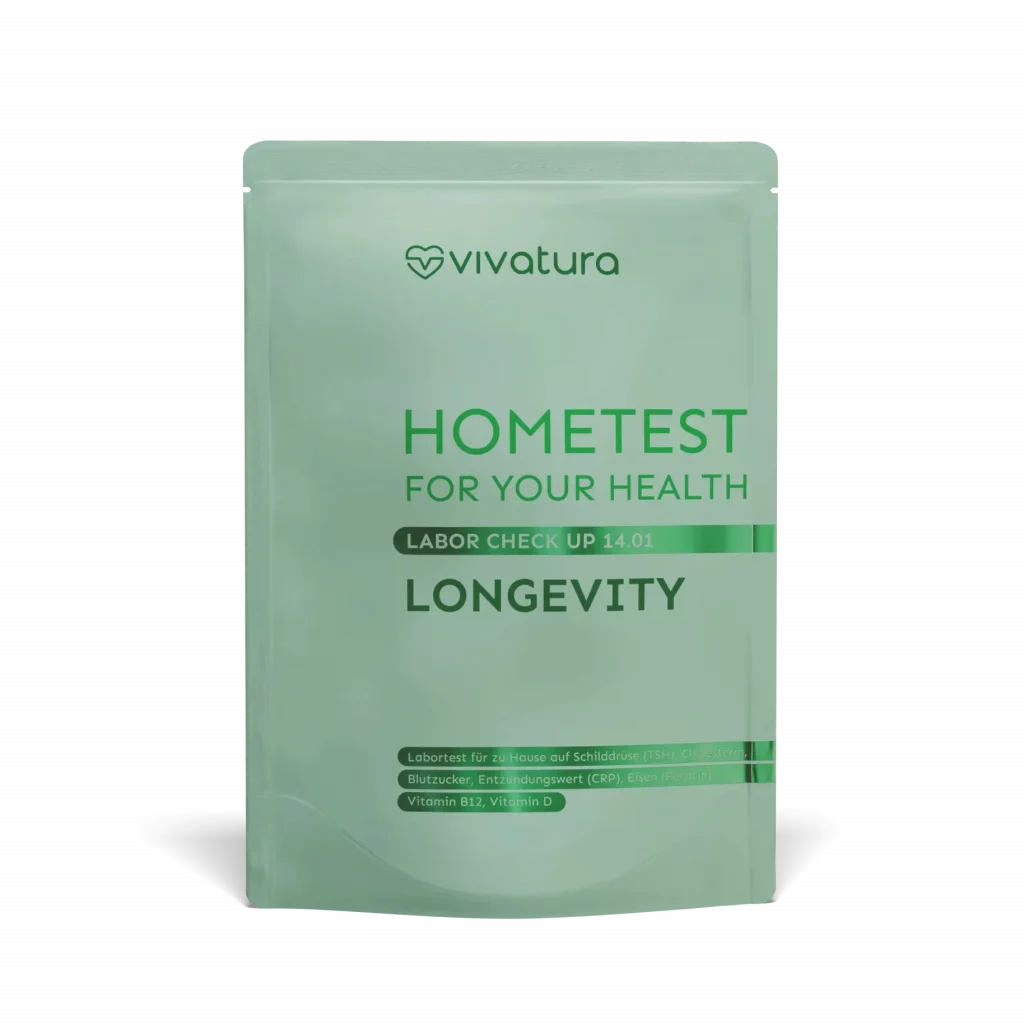 Hormontest-Set für zuhause von VIVATURA – Testkit in versiegelter Versandtasche zur Analyse von Cholesterin, TSH, HbA1c, Vitamin D, CRP, Ferritin und Vitamin B12
